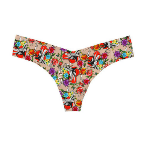 Lime Lucy Playful Print Seamless Thong Panty in S, featuring colorful playful tattoo print, made of smooth, stretchy lingerie fabric.