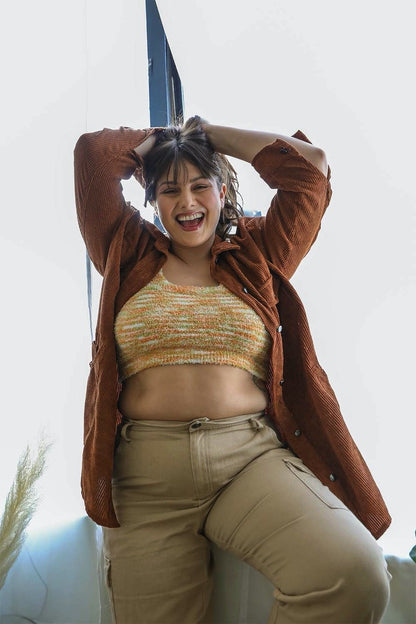 Plus-size orange Cozy Boucle Lounge Brami tank top by Periwinkle Aether, featuring soft, textured boucle fabric and a comfortable fit.