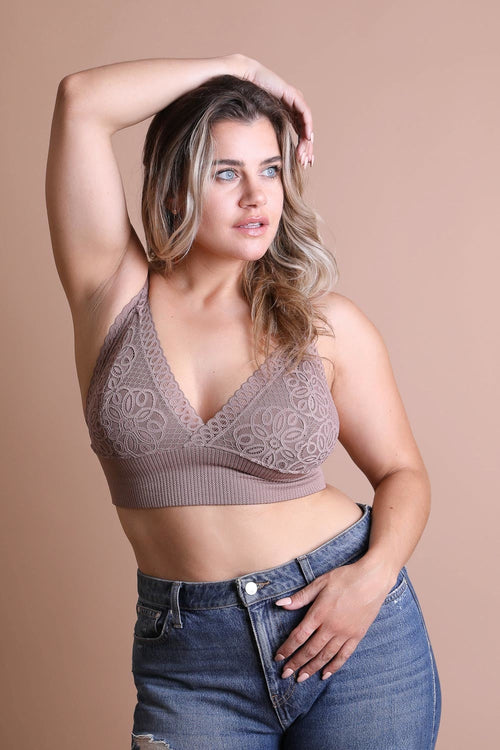 Plus size mocha lace brami with waistband loop, elegant stretchy lace camisole for layering by Periwinkle Aether.