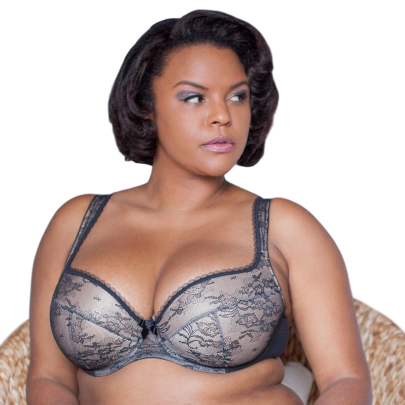 Plus-size Lime Lucy Lavinia Sofia lace overlay push-up plunge bra with supportive cups and intricate lace detailing.