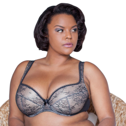 Plus-size Lime Lucy Lavinia Sofia lace overlay push-up plunge bra with supportive cups and intricate lace detailing.