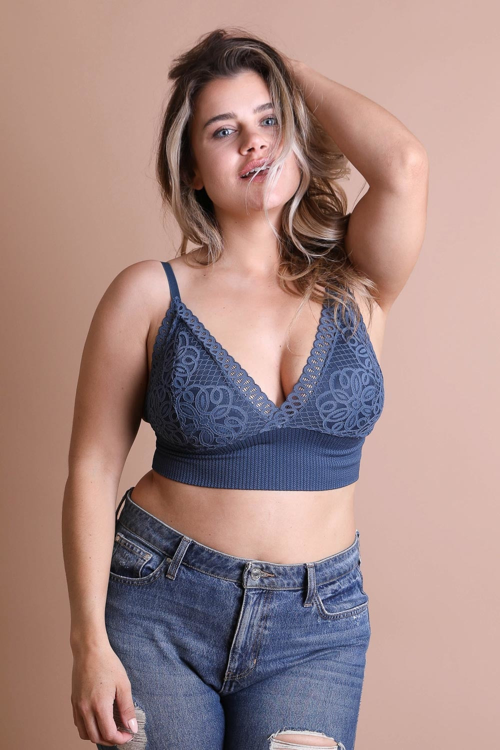 Plus-size blue lace brami with waistband loop from Periwinkle Aether, elegant stretchy lingerie camisole for women.
