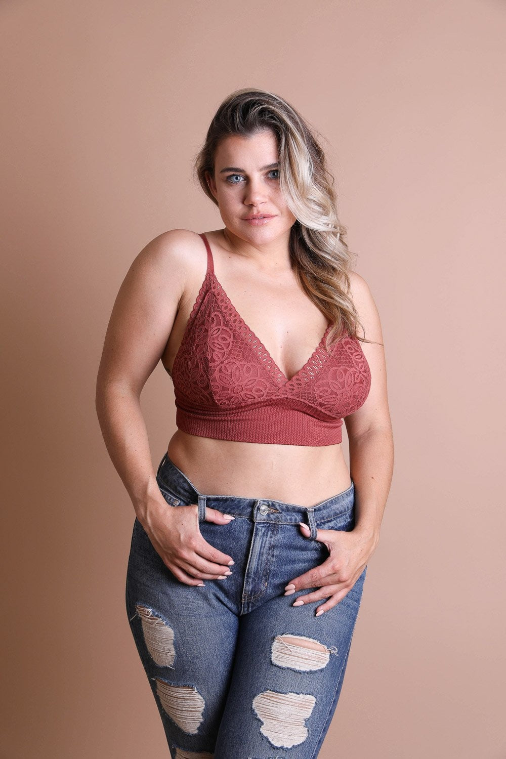 Plus-size rust-colored lace brami with waistband loop detail from Periwinkle Aether&