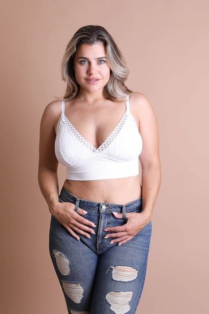 Plus size white waistband loop lace brami by Periwinkle Aether, elegant stretchy lace camisole for comfortable lingerie wear.