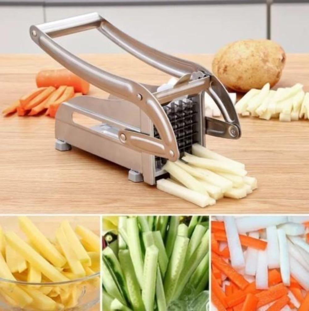 Yellow Pandora stainless steel French fries and potato cutter with two different blades for easy, uniform potato slicing in the kitchen.