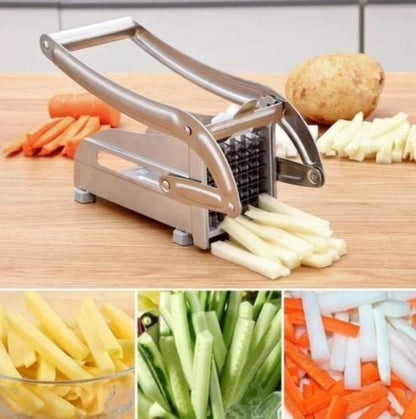Yellow Pandora stainless steel French fries and potato cutter with two different blades for easy, uniform potato slicing in the kitchen.