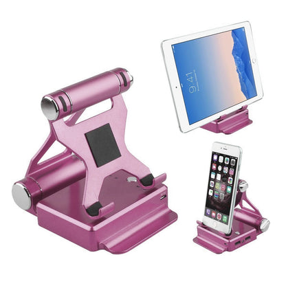 Pink podium-style stand with extended battery up to 200% for iPad and iPhone by Salmon Lucky, showcasing a sleek tech accessory.