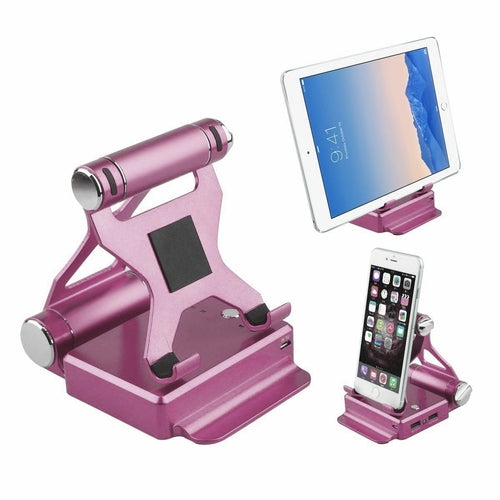 Pink podium-style stand with extended battery for iPad and iPhone, designed by Salmon Lucky, offering up to 200% extra power.