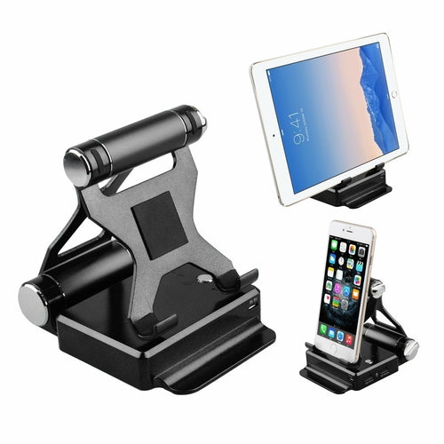 Black podium-style stand with extended battery for iPad and iPhone by Salmon Lucky, designed for tech accessories and device support.