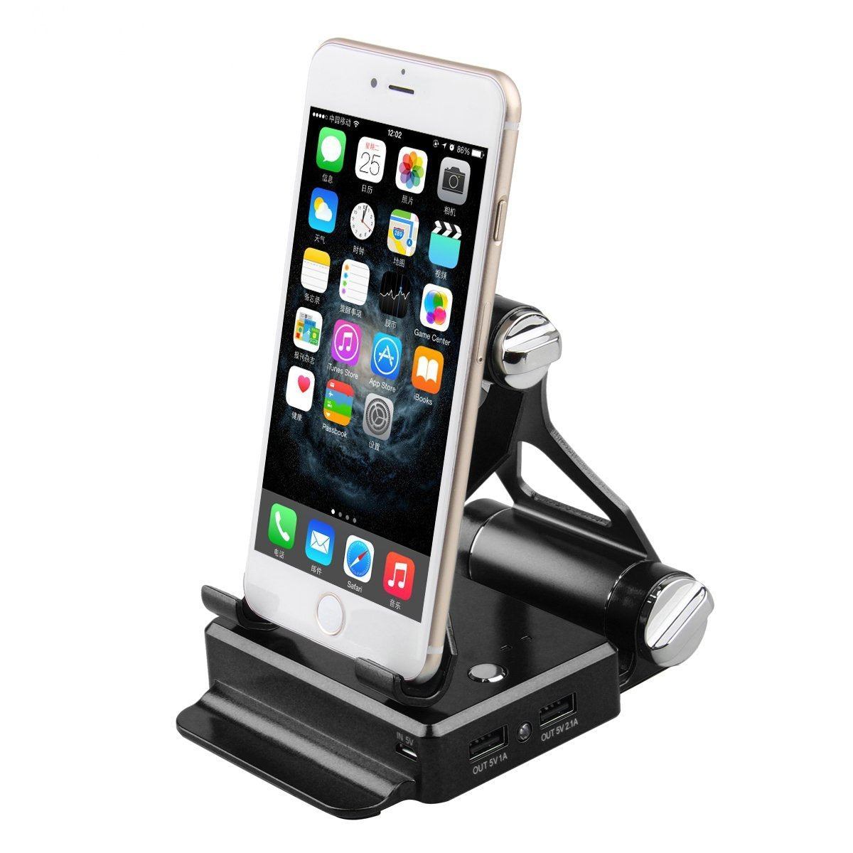 Black podium-style stand by Salmon Lucky with extended battery for iPad and iPhone, offering up to 200% battery life extension.