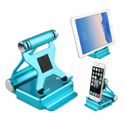Blue podium style stand with extended battery for iPad and iPhone by Salmon Lucky, showcasing its sleek design and charging features.