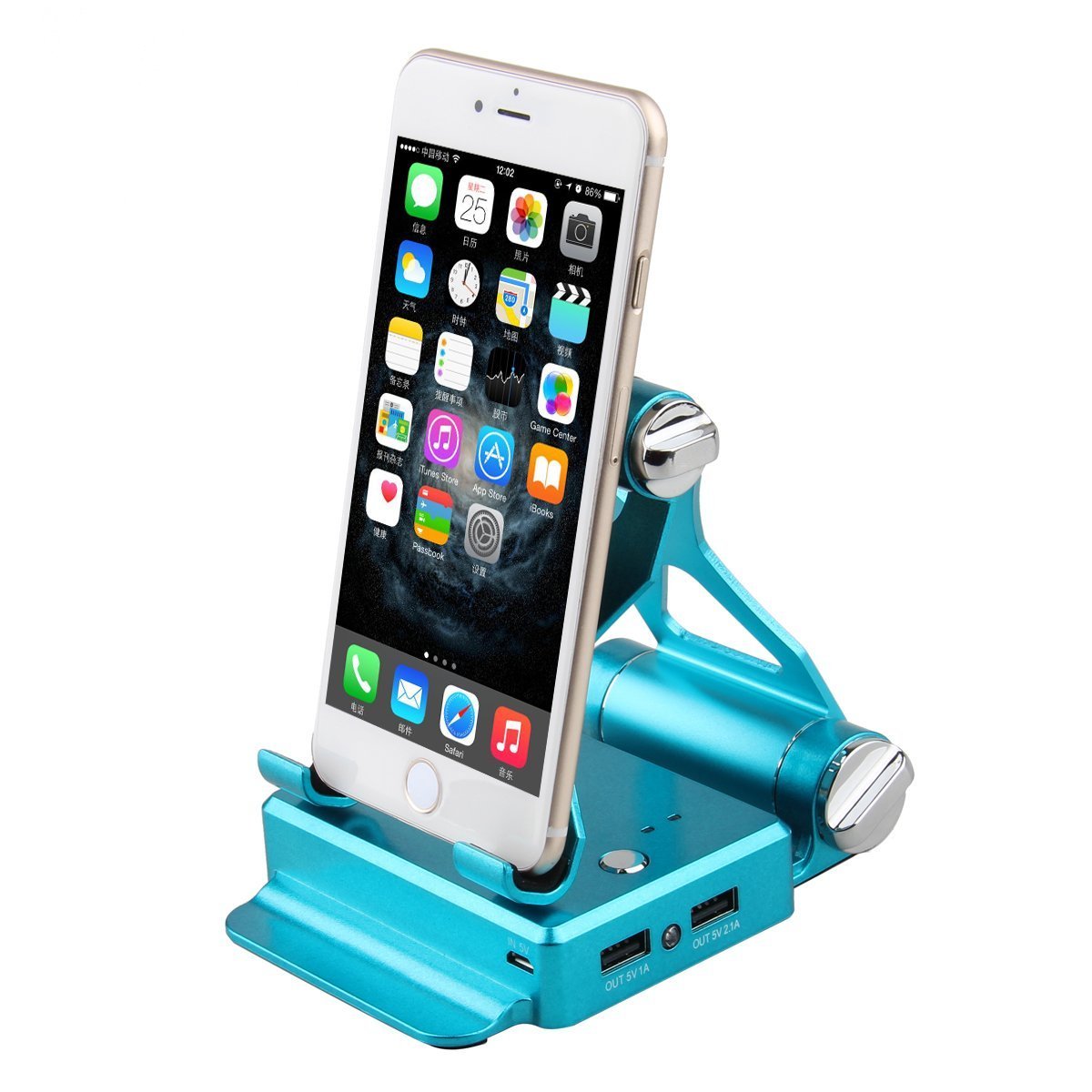 Salmon Lucky podium-style stand in blue with extended battery, compatible with iPad and iPhone, showcasing a sleek tech accessory design.