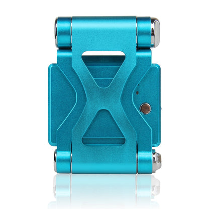 Salmon Lucky podium-style stand with extended battery for iPad and iPhone, featuring a sleek blue design and adjustable support.