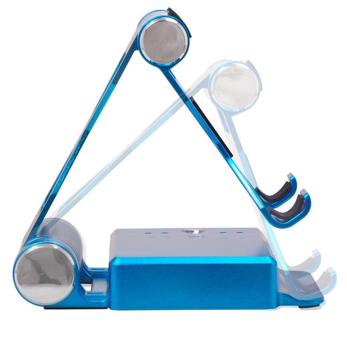 Salmon Lucky podium-style stand with extended battery for iPad and iPhone, blue color, showcasing sleek design and charging features.