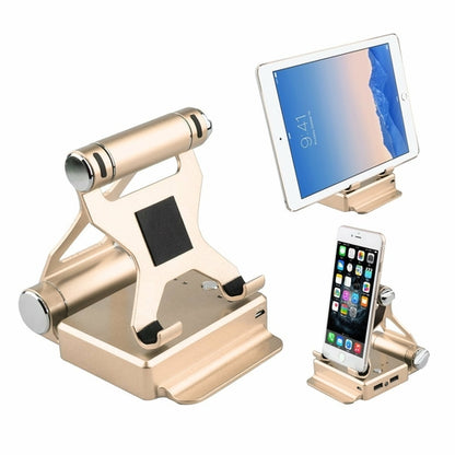 Salmon Lucky gold podium-style stand with extended battery capacity up to 200% for iPad and iPhone, showing sleek tech accessory design.