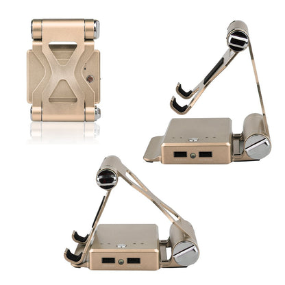 Salmon Lucky podium-style stand with gold finish holding an iPad and iPhone, featuring an extended battery up to 200% for tech accessories.