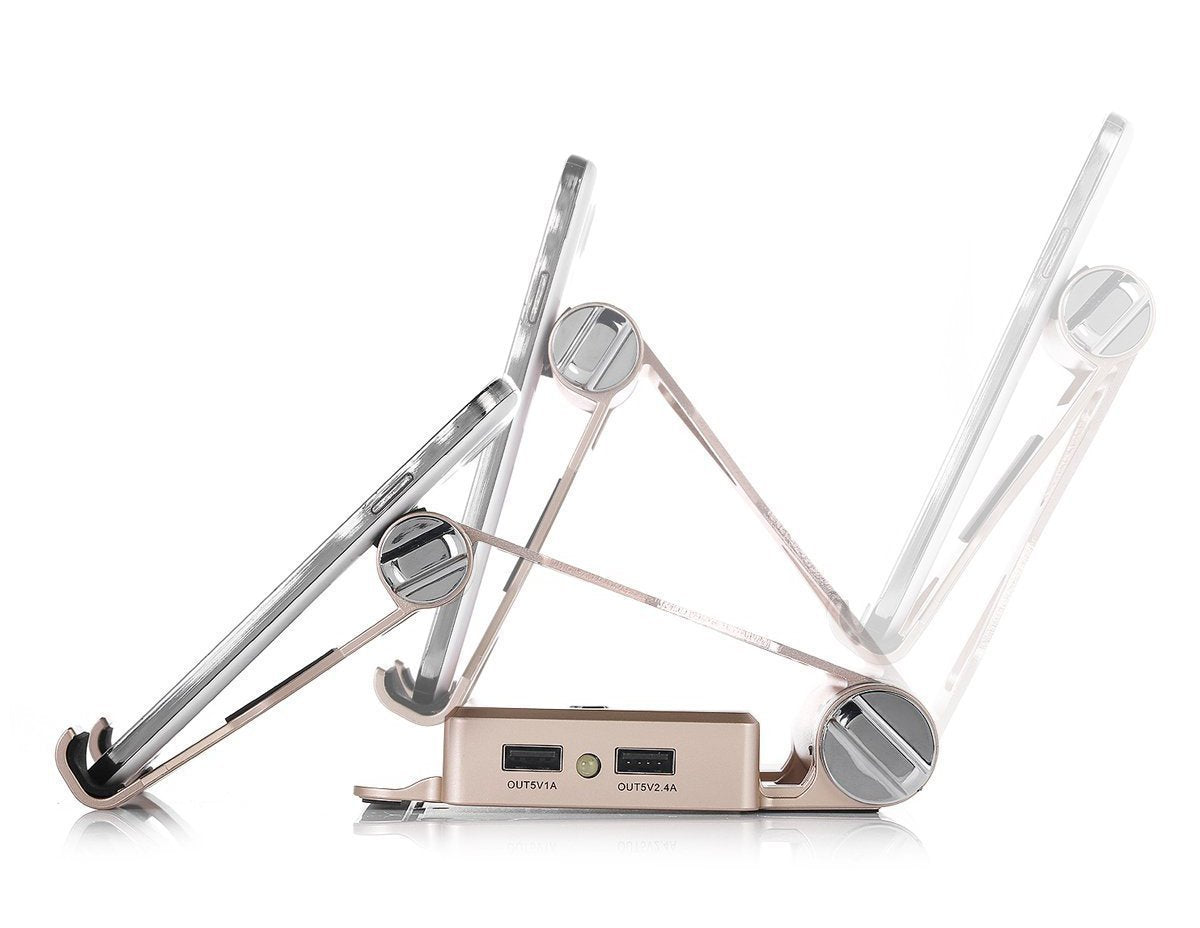 Salmon Lucky podium-style stand with gold finish and extended battery for iPad and iPhone, showcasing a sleek tech accessory design.