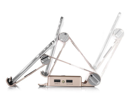Salmon Lucky podium-style stand with gold finish and extended battery for iPad and iPhone, showcasing a sleek tech accessory design.