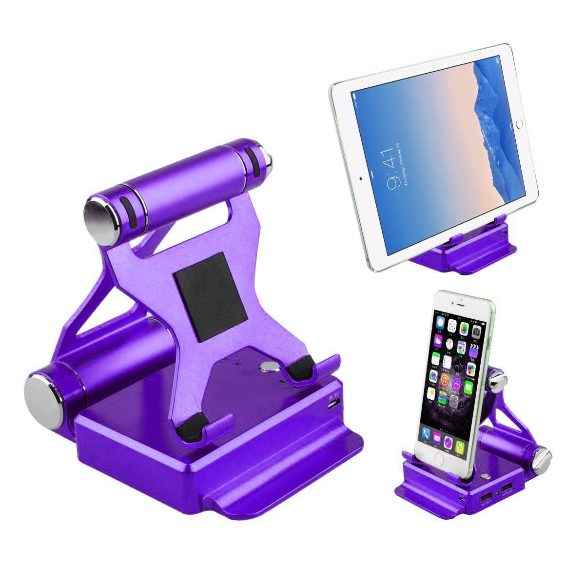 Salmon Lucky podium-style stand with extended battery for iPad and iPhone, purple color, showcasing sleek tech accessory design.