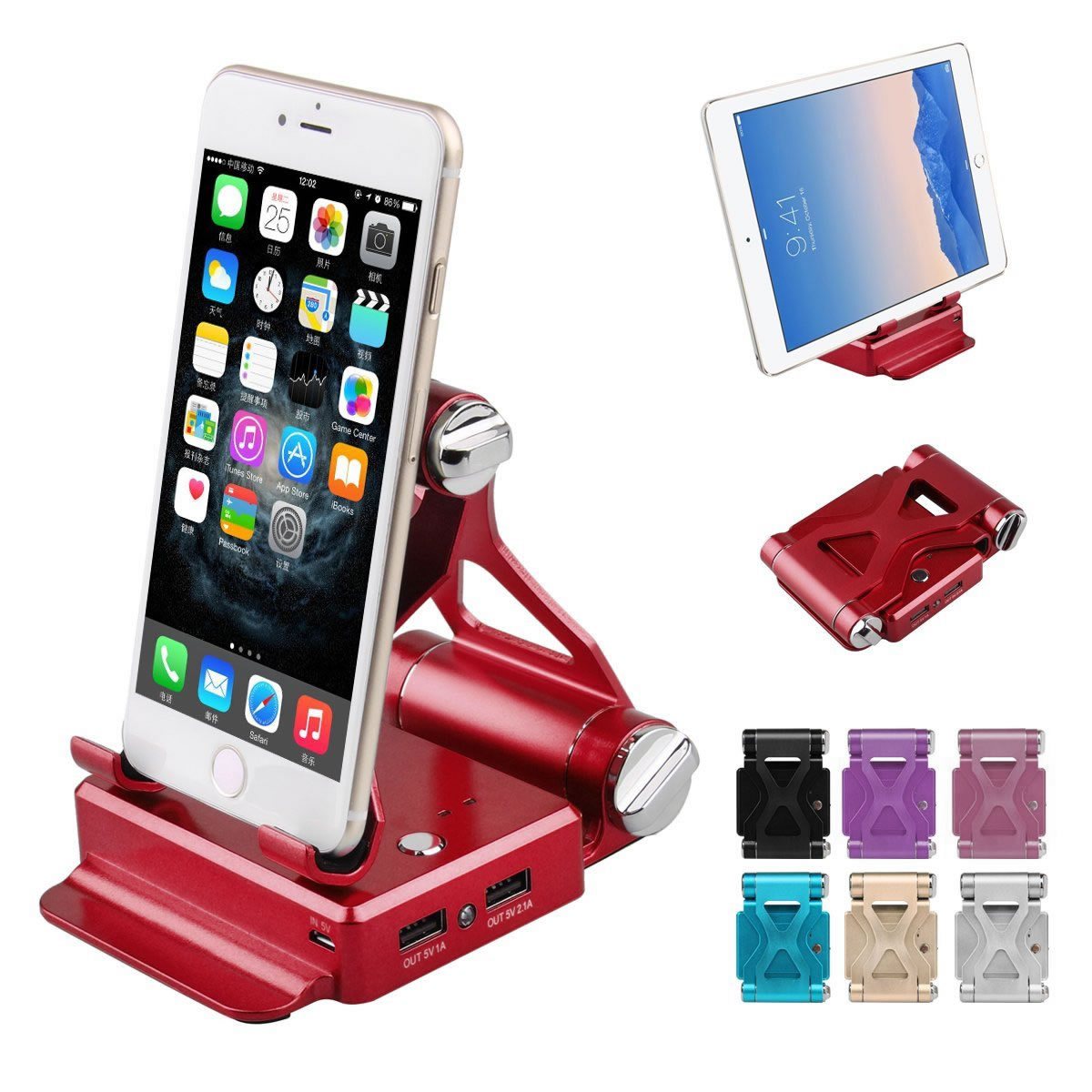 Red Salmon Lucky podium-style stand with extended battery for iPad and iPhone, showcasing its sleek design and charging features.