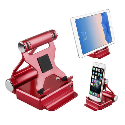 Red podium-style stand with extended battery for iPad and iPhone by Salmon Lucky, showcasing a sleek tech accessory with charging capabilities.