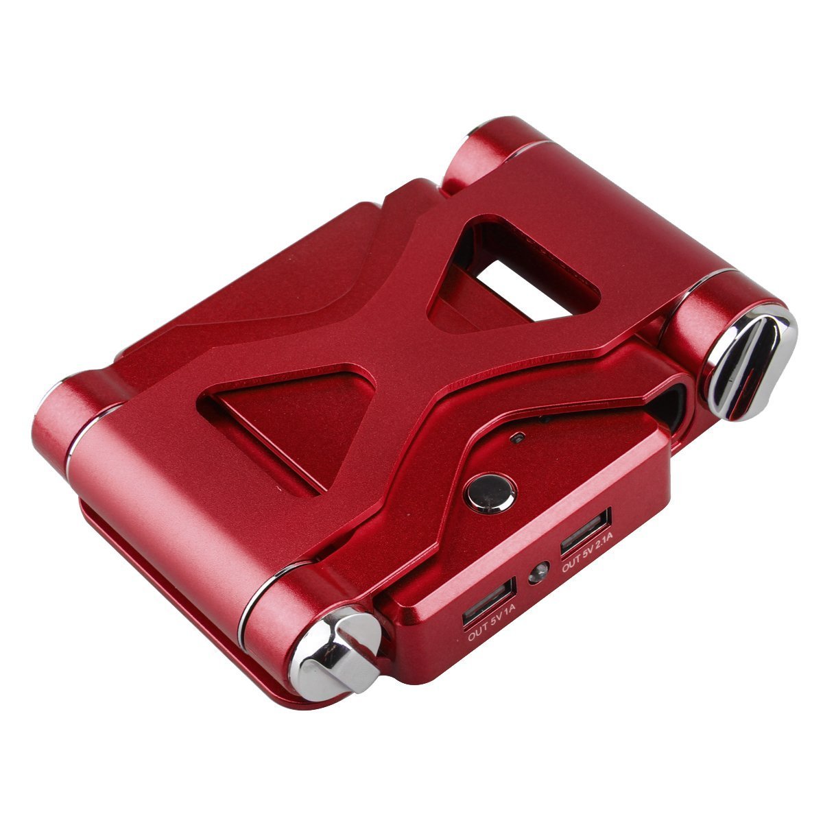 Red podium-style stand with extended battery up to 200% for iPad and iPhone, by Salmon Lucky, showcasing a sleek tech accessory design.