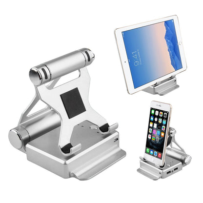 Salmon Lucky podium style stand with extended battery for iPad and iPhone, silver tech accessory for charging and support