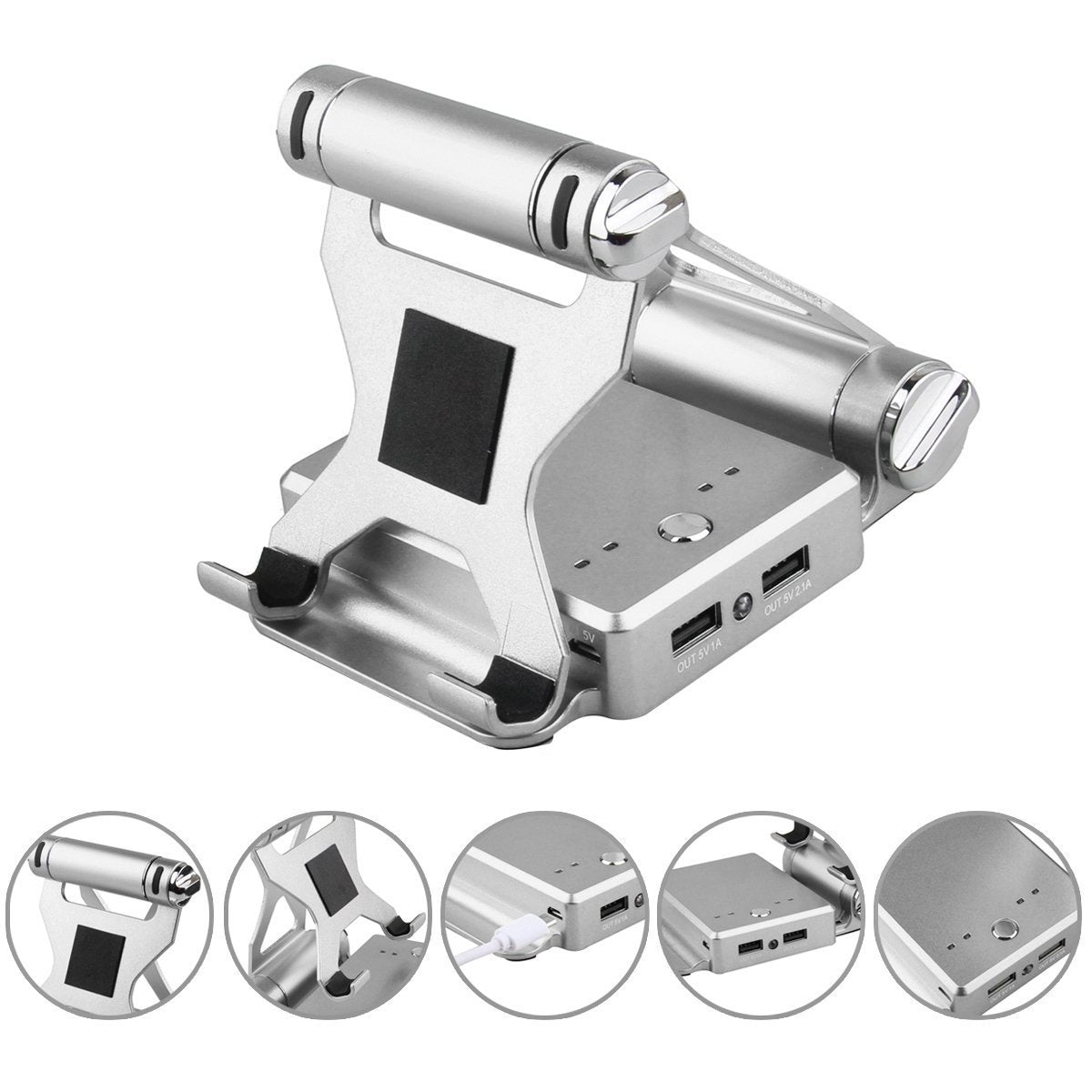 Salmon Lucky podium-style stand with extended battery for iPad and iPhone, featuring a sleek silver design and adjustable support.