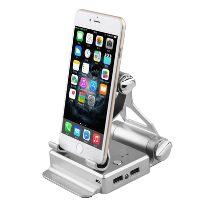 Salmon Lucky podium-style stand with extended battery, compatible with iPad and iPhone, in silver, designed for charging and support.