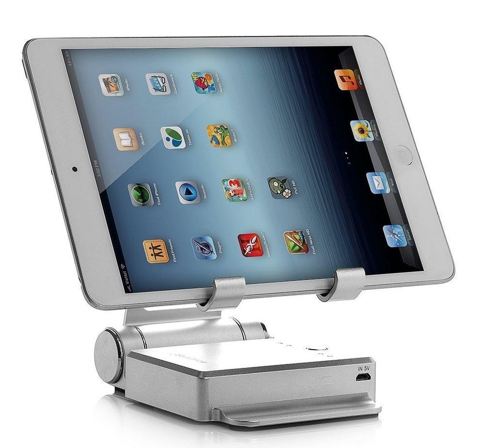 Salmon Lucky podium style stand with extended battery for iPad and iPhone, silver tech accessory with adjustable height and built-in power.
