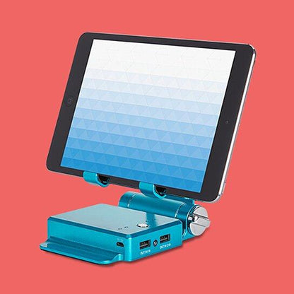 Salmon Lucky podium style stand with extended battery for iPad and iPhone, offering up to 200% battery boost, tech accessory.