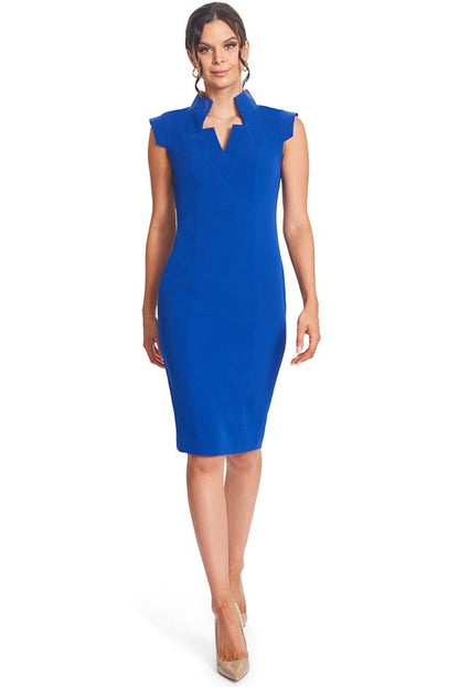 Cobalt blue Point De Vu sleeveless midi sheath dress with notch neckline, designed for women&