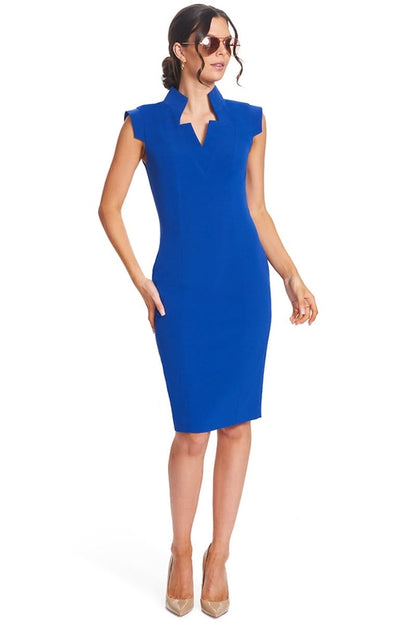 Cobalt blue Point De Vu sleeveless midi sheath dress by Peach Dionysus featuring a notch neckline and fitted silhouette.