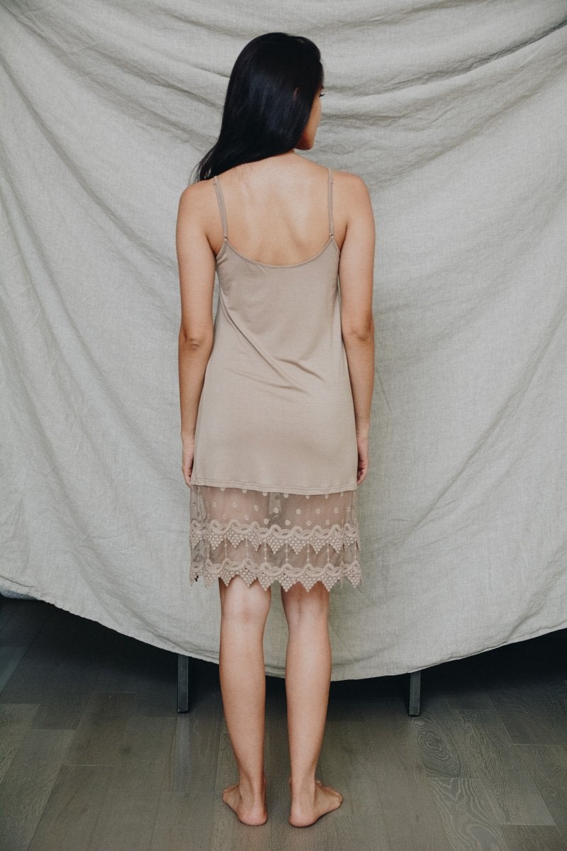 Polkadot lace slip dress by Periwinkle Aether featuring a delicate lace design and a classic polka dot pattern.