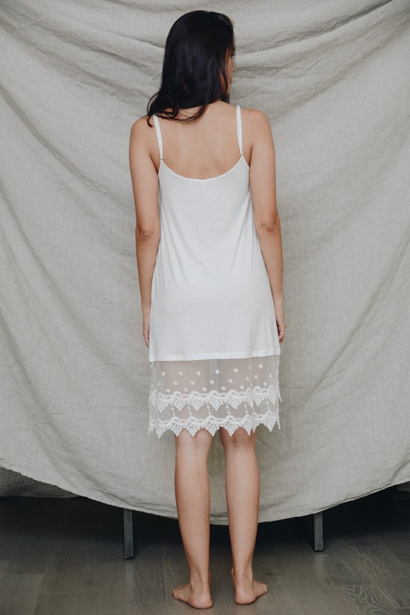 Polkadot lace slip dress by Periwinkle Aether featuring delicate lace and polka dot pattern, perfect for stylish summer wear.