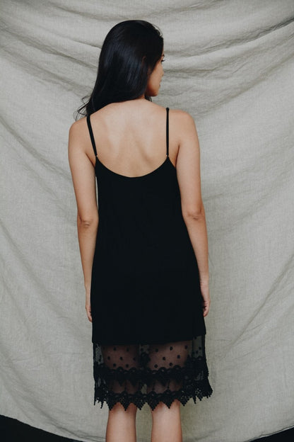 Polkadot lace slip dress by Periwinkle Aether featuring delicate lace and a stylish polka dot pattern.