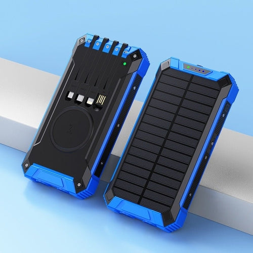 Taupe Gaia portable wireless outdoor solar power bank with built-in solar panels and multiple USB ports for charging devices.