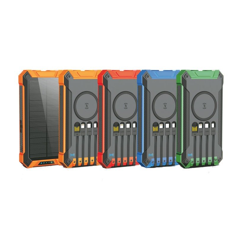Taupe Gaia portable wireless outdoor solar power bank with built-in solar panel and charging ports for tech accessories.
