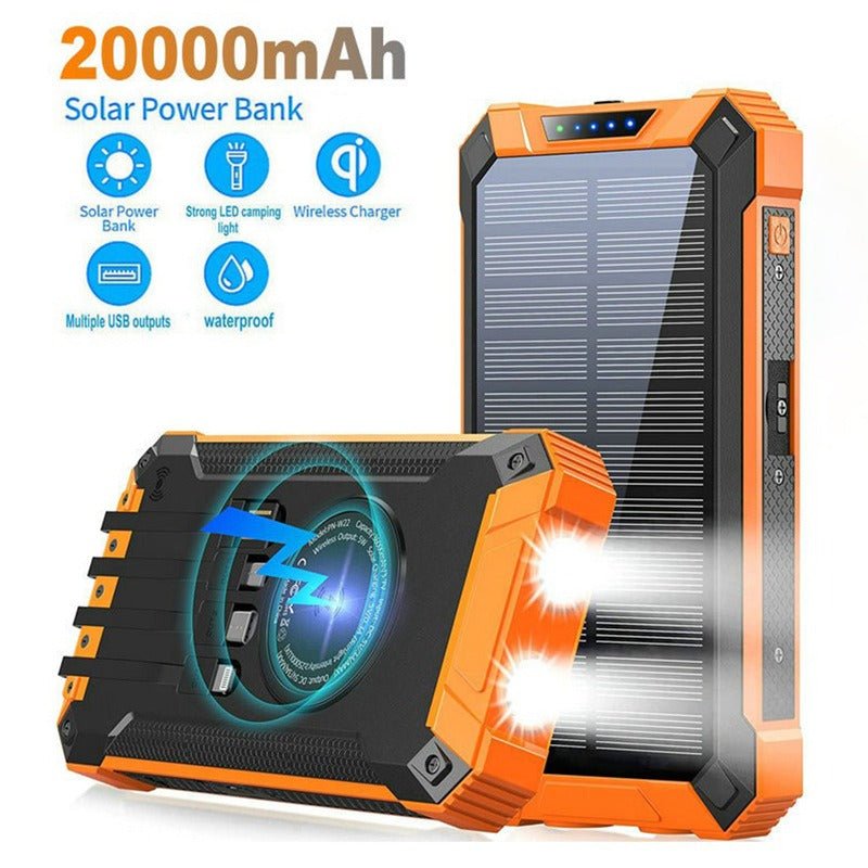 Taupe Gaia portable wireless outdoor solar power bank with built-in solar panels, compact design, and multiple charging ports.