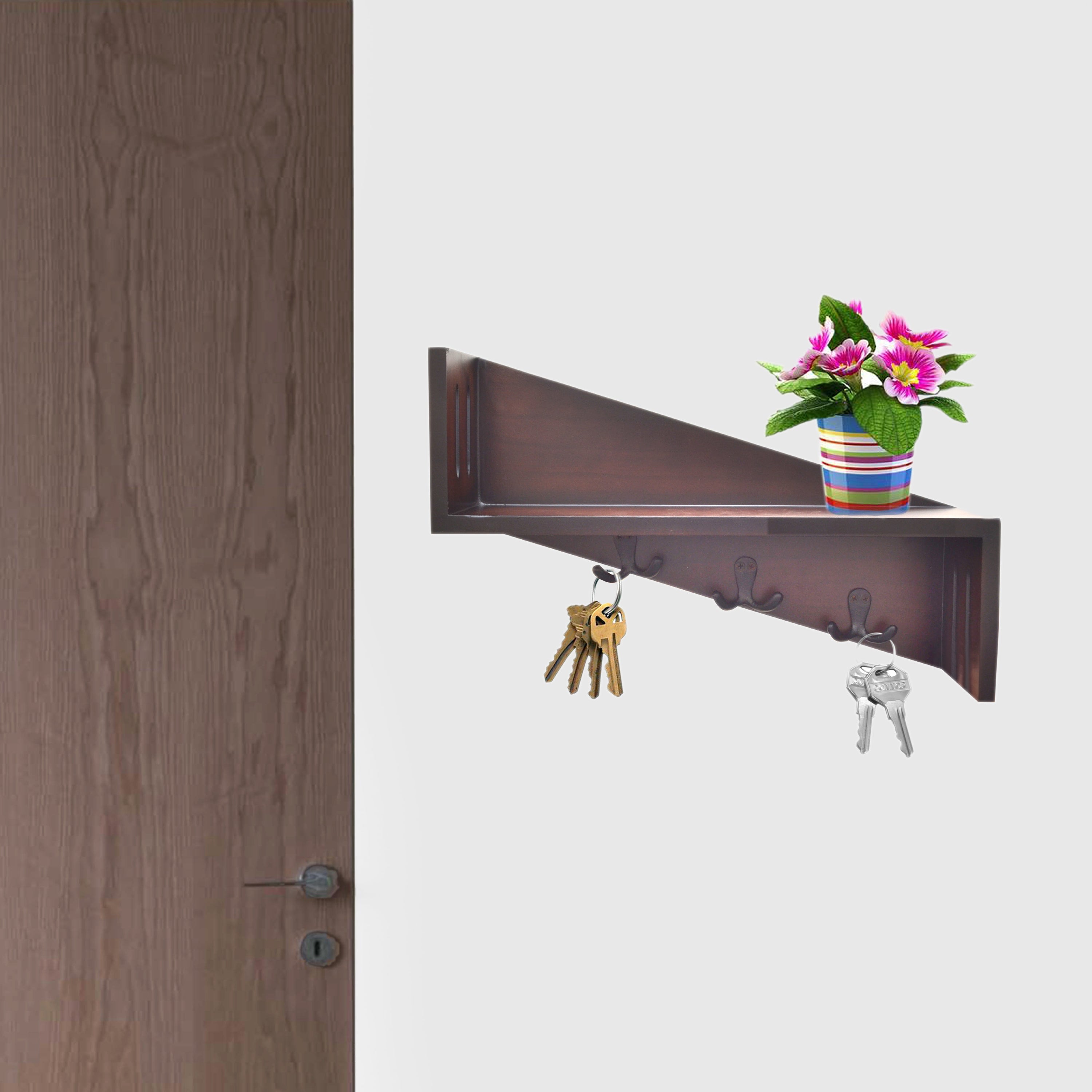 Wooden wall décor shelf bracket by Apricot Lucky, stylish home décor piece with key and mail holder for wall organization.