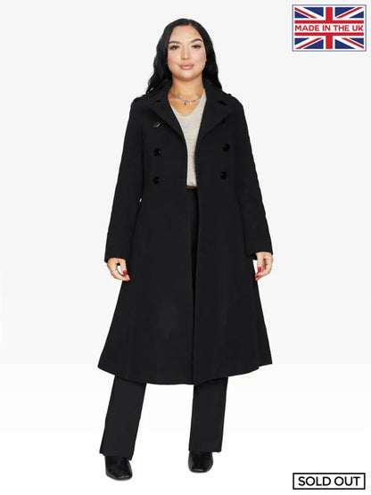 Black A-Line double-breasted coat by Rose Eleusis, stylish jacket with classic design, shown on a hanger.