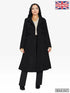 Black A-Line double-breasted coat by Rose Eleusis, stylish jacket with classic design, shown on a hanger.