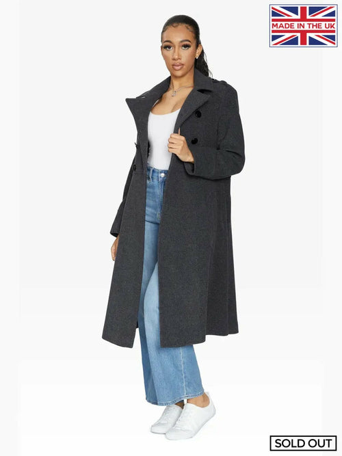 Grey A-Line double-breasted coat by Rose Eleusis, stylish jacket with tailored fit and classic design, suitable for cold weather.