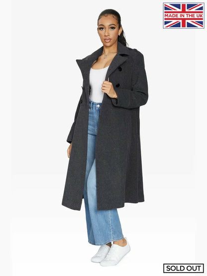 Grey A-Line double-breasted coat by Rose Eleusis, stylish jacket with tailored fit and classic design, suitable for cold weather.