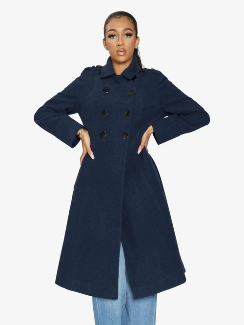 Navy A-Line double-breasted coat by Rose Eleusis, stylish jacket with tailored fit and classic design, perfect for cold weather.
