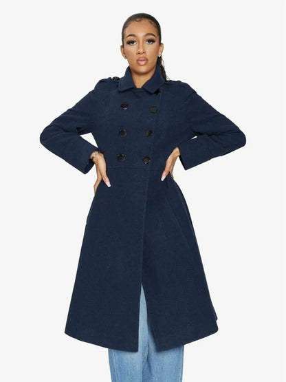 Navy A-Line double-breasted coat by Rose Eleusis, stylish jacket with tailored fit and classic design, perfect for cold weather.