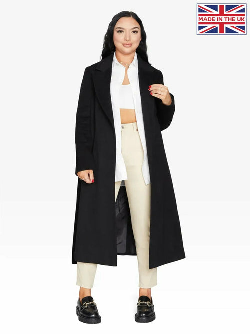 Black Rose Eleusis belted longline duster coat, stylish jacket with a waist belt, shown in a sleek, tailored design for 2024.