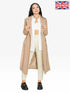 Camel belted longline duster coat by Rose Eleusis, stylish jacket with a belt and long silhouette in a modern design.