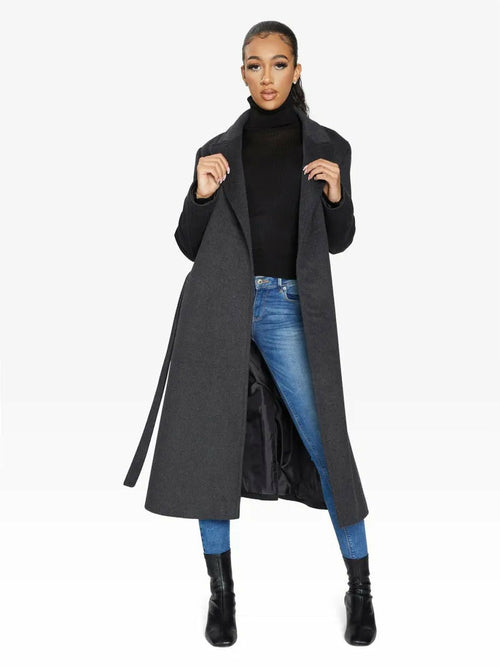 Grey Rose Eleusis belted longline duster coat, stylish outerwear with a tailored fit, featuring a belt and longline silhouette.