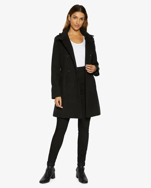 Black Rose Eleusis double-breasted hooded coat, stylish jacket with front buttons and a hood, shown in a pre-order image.